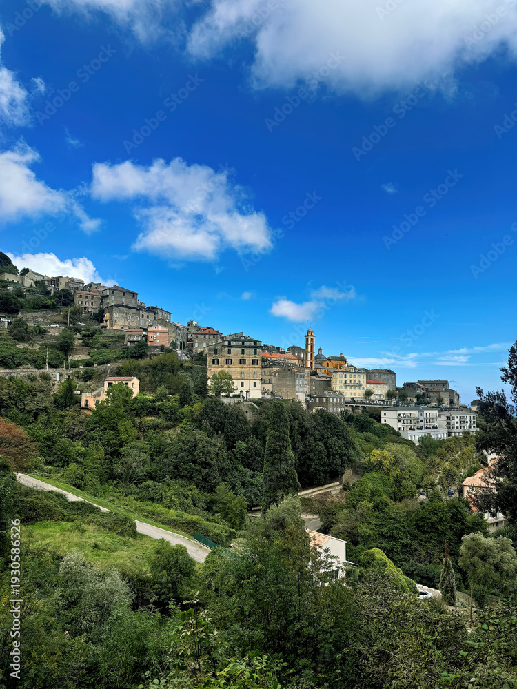 Naklejka premium Mountain village of Cervione in the Monte San Petrone massif in Corsica in summer