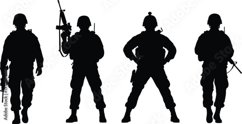 Four soldier silhouettes in military uniforms holding weapons and gear, standing in row, defense armed forces concept, tactical security illustration artwork