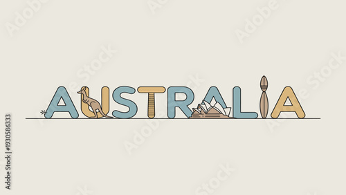 Australia Travel Typography with Kangaroo and Opera House