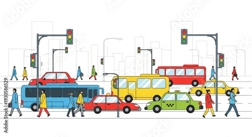 City Street Scene with Vehicles Pedestrians.