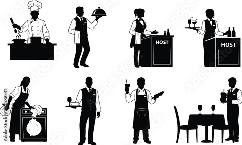 Restaurant staff silhouettes collection including chef, waiter, host, dishwasher, bartender, server roles, hospitality teamwork food service illustration artwork concept