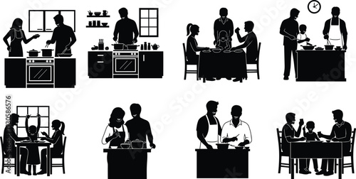 Silhouette collage of people cooking and dining together, family meals, kitchen activities, social communal domestic life illustration artwork concept