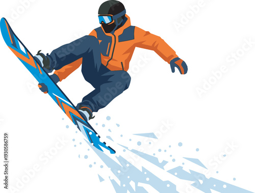 Flat vector illustration of a male snowboarder in an orange jacket catching air with a vibrant patterned board. Ideal for winter sports branding and extreme mountain resort marketing.