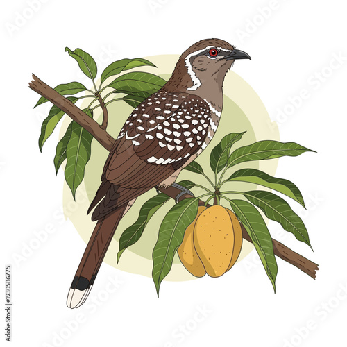 Sri Lankan Koha Bird (Asian Koel) Perched on Mango Tree Branch, Auspicious Symbol for Sinhala and Tamil New Year Vector Illustration