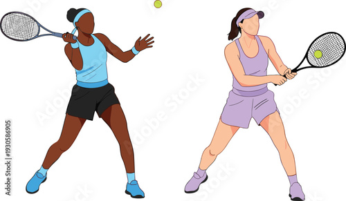 Two tennis players in dynamic forehand action wearing blue and purple outfits, focused on tennis balls, showcasing athletic skill, sports illustration concept