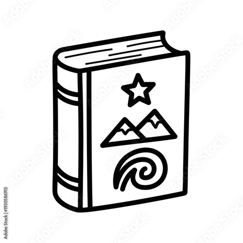 Stylized Black and White Sketch of a Creative Photo Album Cover with Mountain and Star Symbols