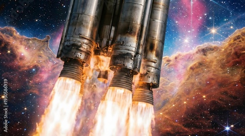 Spacecraft Launching into Galaxy with Fiery Engines.