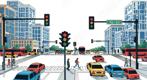 City Street Traffic Intersection Scene.