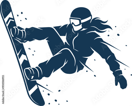Flat vector silhouette of a female snowboarder catching air with a ponytail and goggles. Ideal for winter sports branding, resort logos, and extreme mountain apparel. Modern minimalist design.