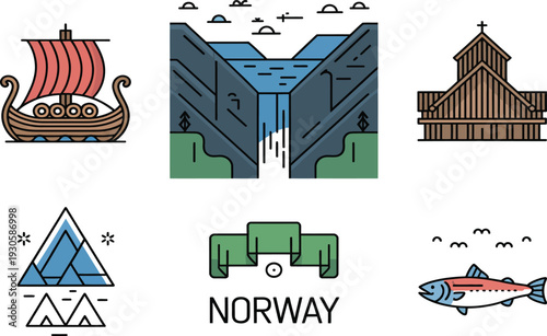 Norway Cultural and Natural Icons Vector Set