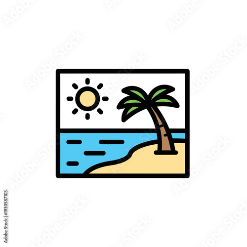 Sunny Beach Scene with Palm Tree and Ocean View for Vacation or Travel Themes