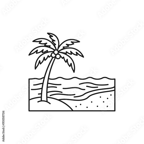 Sunny Tropical Beach Scene with Coconut Palm Tree and Calm Ocean Waters