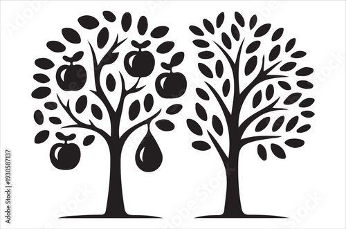Two stylized apple trees with black silhouettes on a white background