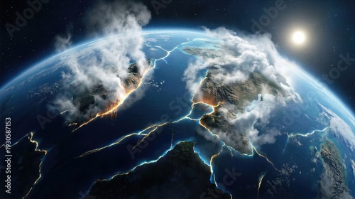 Creation of the firmament and separation of waters on early Earth, genesis story day 3. Science fiction concept of planetary formation.