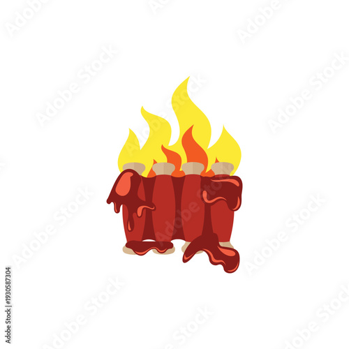 Burning Red Candle with Dripping Wax and Yellow Flames Illustration on Gray Background