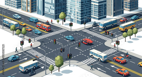 City Street Intersection with Traffic.