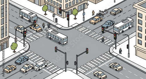 City Street Intersection with Traffic.