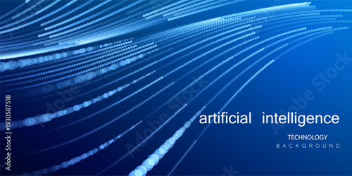 Technology Artificial Intelligence banner with perspective lines. Ai big data stream dotted waves on blue background. Futuristic network connect vector blurred design.