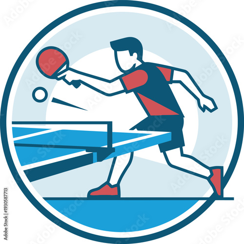 Flat vector illustration of a male table tennis player in a red and navy kit performing a forehand drive within a circular frame. Ideal for sports club logos and branding.