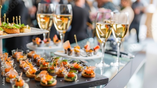 Elegant catering display with gourmet appetizers and champagne glasses at a social event. Background features blurred guests in formal attire.