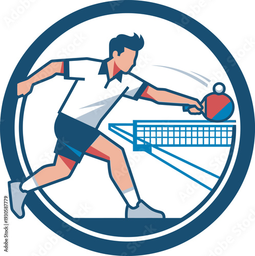 Flat vector illustration of a male table tennis player in a white polo shirt and dark shorts performing a backhand shot within a circular frame. Perfect for sports club logos and branding.