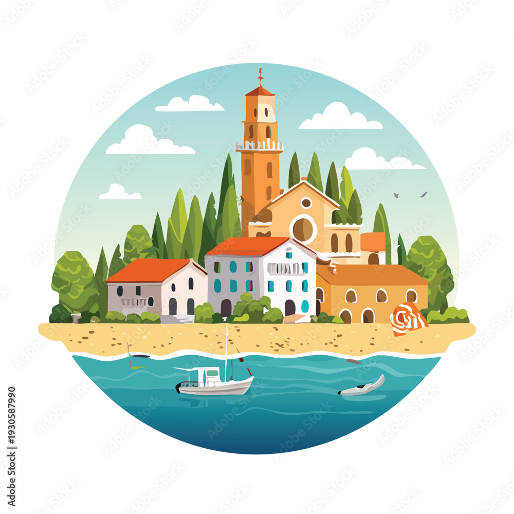 Naklejka premium Coastal village illustration featuring buildings and water
