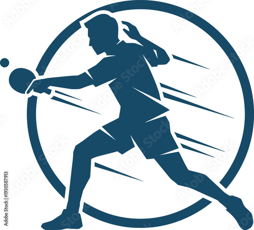 Flat vector silhouette of a male table tennis player striking a powerful backhand within a circular frame. Ideal for sports club branding, tournament logos, and fitness marketing.