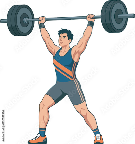 Flat vector illustration of a male weightlifter performing an overhead barbell press. Ideal for gym branding, fitness logos, and athletic apparel design. Clean, modern, and professional.