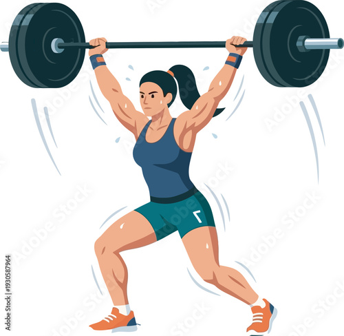 Flat vector illustration of a female weightlifter performing a powerful overhead barbell press. Ideal for gym branding, fitness logos, and athletic apparel design. Modern and clean.