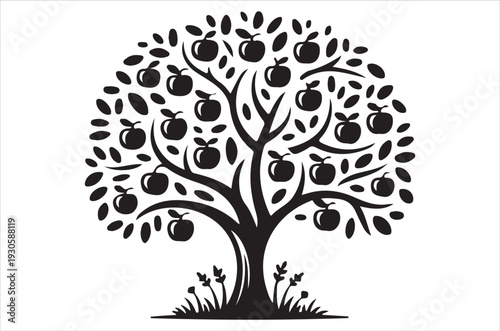 A stylized tree with apples instead of leaves depicted in black