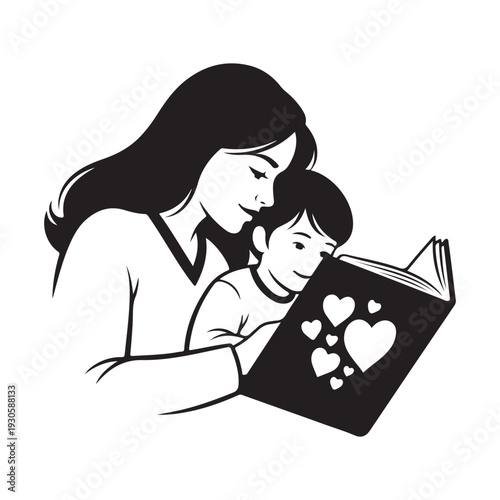 Mother's Day silhouette mom toddler book embrace loving hearts story time Vector