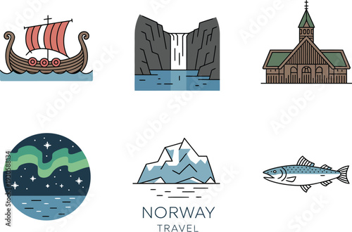 Norway Travel and Tourism Icon Set with Viking Ship Mountains and Aurora