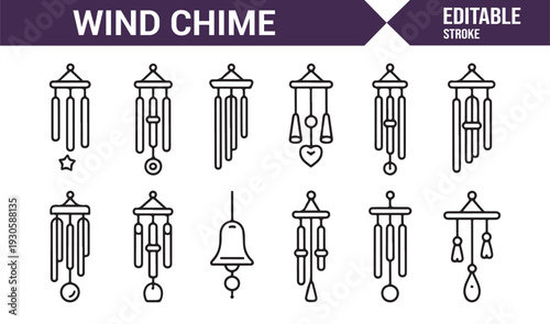 Decorative Hanging Chimes Line Icon Set for Home and Garden