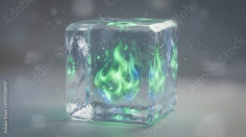 Ice cube with green flames and glowing orb inside on soft background  