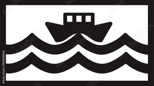 A monochrome illustration features a boat sailing on waves within a rectangular frame