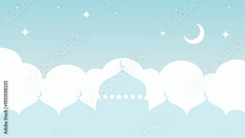 Serene night sky with crescent moon and mosque silhouette against cloud formations