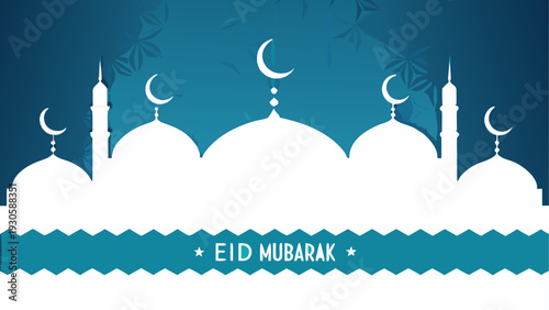 Silhouette of mosque domes against a night sky with crescent moon and stars