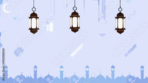 Three hanging lanterns against a city skyline at dusk