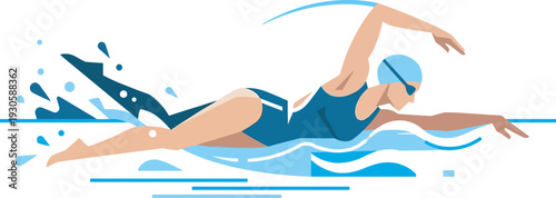 Flat vector illustration of a female swimmer in a navy swimsuit performing a freestyle stroke with blue water splashes. Perfect for aquatic sports branding and swim club logos.