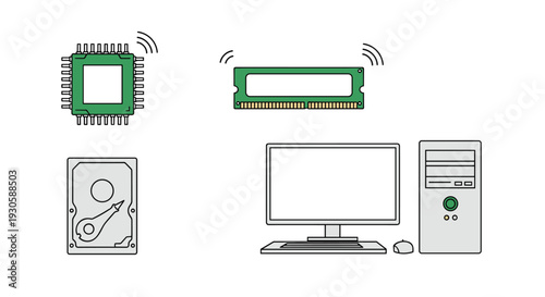 Computer hardware components illustration featuring a cpu, ram module, hard drive, and a desktop pc workstation setup.