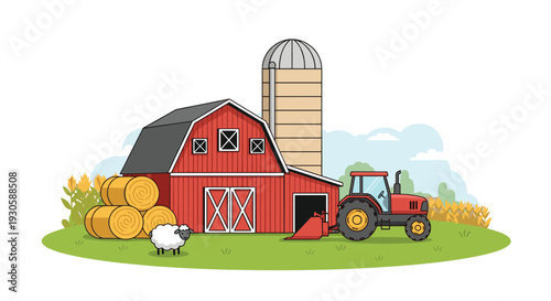 Idyllic countryside farm landscape including a classic red barn, grain silo, tractor, hay bales, and a grazing sheep.