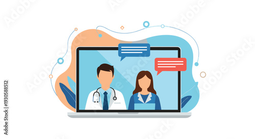 Telemedicine concept illustration with male and female doctors appearing on a laptop screen using speech bubbles for consultation.