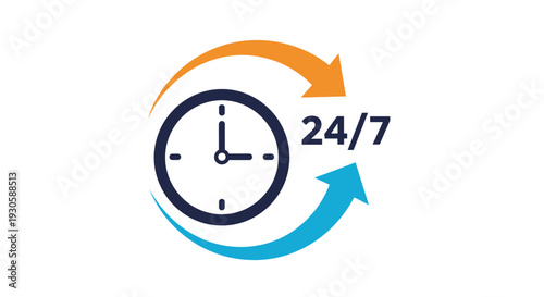 Twenty four seven customer service icon with a clock and rotating arrows representing round the clock availability and support.