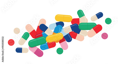 Assorted colorful medical capsules and pills scattered randomly, representing pharmaceutical treatment, medicine, and healthcare industry.