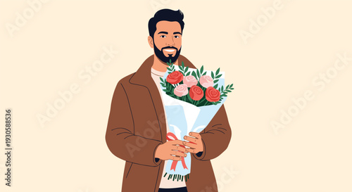 Handsome man with a beard smiling warmly while holding a large bouquet of pink and red roses wrapped in white paper.