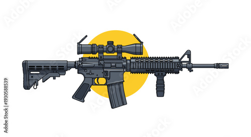 Detailed illustration of a modern tactical assault rifle with a telescopic scope, vertical grip, and a magazine.