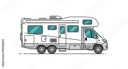 Modern white recreational vehicle or motorhome with multiple windows and a ladder, designed for travel, camping, and road trips.