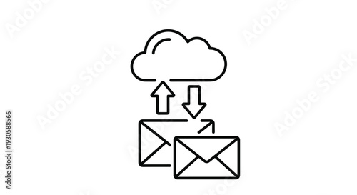 Cloud computing and email communication icon featuring clouds, envelopes, and arrows for uploading and downloading data.