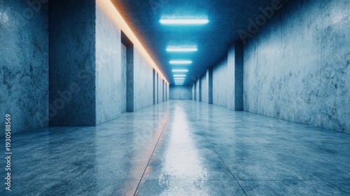 Long hallway with lights in a concrete structure during night time