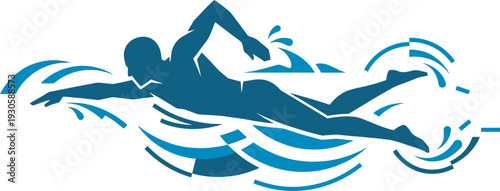 Flat vector silhouette of a male swimmer performing a powerful freestyle crawl stroke with dynamic blue water splashes. Ideal for aquatic sports branding and professional swim club logos.